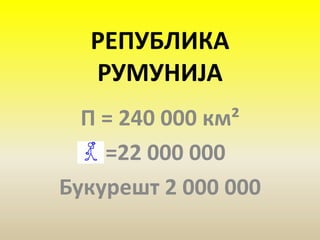РЕПУБЛИКА
РУМУНИЈА
П = 240 000 км²
=22 000 000
Букурешт 2 000 000
 