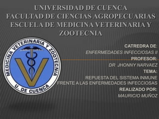 UNIVERSIDAD DE CUENCA
FACULTAD DE CIENCIAS AGROPECUARIAS
 ESCUELA DE MEDICINA VETERINARIA Y
            ZOOTECNIA
                                     CATREDRA DE:
                      ENFERMEDADES INFECCIOSAS II
                                        PROFESOR:
                              DR JHONNY NARVAEZ
                                             TEMA:
                      REPUESTA DEL SISTEMA INMUNE
           FRENTE A LAS ENFERMEDADES INFECCIOSAS
                                   REALIZADO POR:
                                  MAURICIO MUÑOZ
 