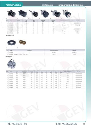 PREPARACIÓN                                                                            cortadoras                                  preparación dinámica




5                      6                           7                             8                         9                             10
                                             ø                   eje ø               longitud eje              asidero ø
Pos.     código        símbolo                                                                                                      nombre del fabricante                         cód. prod.
                                           (mm)                  (mm)                   (mm)                     (mm)

    5    697419         0-15                55                       12                  28                       42                          RGV                             00000000130
    6    697510         0-15                60                       12                  32                        -                          Sirman                            19562402
    7    698268         0-15                68                       14                  94                       67                            -                                      -
    8    697382         0-15                68                       18                  46                       66                          RGV                             00000000631
    9    697511         0-15                68                       18                  47                       58                          Sirman                            19562404
    10   697368         0-15                70                       18                  48                       64                          Omas                                I1990A

accesorios




1                      2
Pos.     código                                   descripción                                              nombre del fabricante                                         cód. prod.

    1    697512                                        -                                                          Sirman                                                 19562410
    2    698272   casquillo ø 20mm 14 33 latón                                                                    Celme                                                   74968

motores




                    tensión       revoluciones             árbol ø         WL          ø              H     BA              LA       Lø
Pos.     código                                                                                                                                  nombre del fabricante                 cód. prod.
                      (V)           (rev/min)               (mm)          (mm)       (mm)           (mm)   (mm)            (mm)     (mm)

    1    500923      230            1380                    15            28         115            87      49             145       6                  RGV                       00000000508
    2    500912      230            1380                    15            28         115            92      49             145       6                  RGV                       00000000510
    3    500973      230            1380                    15            28         115            112     75             145       6                  RGV                       00000000425
    4    500954      230            1380                    15            28         115            112     75             145       8                  RGV                       00000001150
    5    500956      230            1380                    17            27         154            130     98             170      10                  RGV                       00000000577
    6    500898      230            1400                    15            20         125            100     71             155       6                 Sirman                         19400101
    7    500717      230            1400                    15            21         135            120     63             155       8                 Sirman                         SM400108
    8    500718      400            1400                    15            22         135            120     63             155       8                 Sirman                         SM402215




Tel.: 936406160                                                                                                              Fax: 936526495                                                         41
 