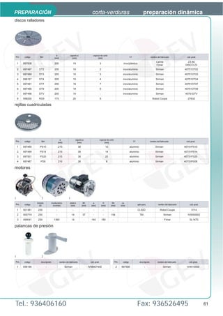 PREPARACIÓN                                                                         corta-verduras                                                    preparación dinámica
discos ralladores




                                        ø                  soporte ø                 espesor de corte
Pos.    código      tipo                                                                                                            L4                        nombre del fabricante              cód. prod.
                                      (mm)                   (mm)                         (mm)
                                                                                                                                                                    Celme                         Z3 AK
    1   697838       -                205                    19                                3                            inox/plástico
                                                                                                                                                                    Fimar                       DISCO Z3
    2   697497     DT2                205                    19                                2                            inox/aluminio                           Sirman                     40751DT02
    3   697489     DT3                205                    19                                3                            inox/aluminio                           Sirman                     40751DT03
    4   696167     DT4                205                    19                                4                            inox/aluminio                           Sirman                     40751DT04
    5   697491     DT7                205                    19                                7                            inox/aluminio                           Sirman                     40751DT07
    6   697498     DT9                205                    19                                9                            inox/aluminio                           Sirman                     40751DT09
    7   697496     DTV                205                    19                                -                            inox/aluminio                           Sirman                     40751DTV
    8   696200     RG9                175                    20                                9                                    -                           Robot Coupe                      27632

rejillas cuadriculadas




                                              ø                  soporte ø                     espesor de corte
Pos.    código       tipo                                                                                                                L4                   nombre del fabricante             cód. prod.
                                            (mm)                   (mm)                             (mm)

    1   697490      PS10                    210                      38                                 10                          aluminio                       Sirman                      40751PS10
    2   697499      PS14                    210                      38                                 14                          aluminio                       Sirman                      40751PS14
    3   697501      PS20                    210                      38                                 20                          aluminio                       Sirman                      40751PS20
    4   697487      PS8                     210                      38                                   8                         aluminio                       Sirman                      40751PS08

motores




1                     2                                3
                 tensión           revoluciones          árbol ø           WL        ø               H         BA          Lø
Pos.    código                                                                                                                                apto para                nombre del fabricante       cód. prod.
                   (V)               (rev/min)            (mm)            (mm)     (mm)            (mm)       (mm)        (mm)

    1   501361    230                   -                    -               -       -              -          -                              CL50D                      Robot Coupe                 3114
    2   500719    230                   -                   14            37         -              -         154                               TM                           Sirman              IV5050002
    3   499041    230                1360                   14               -     140             180         -                                  -                          Fimar                 SL1470

palancas de presión




1                     2
Pos.    código       descripción             nombre del fabricante                cód. prod.                       Pos.    código               descripción           nombre del fabricante        cód. prod.

    1   698186              -                      Sirman                        IV98407400                          2    697900                      -                     Sirman               IV4010000




Tel.: 936406160                                                                                                                               Fax: 936526495                                                    61
 