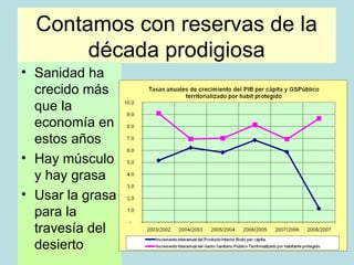 Contamos con reservas de la
       década prodigiosa
• Sanidad ha
  crecido más
  que la
  economía en
  estos años
• Hay músculo
  y hay grasa
• Usar la grasa
  para la
  travesía del
  desierto
 