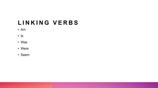 L I N K I N G V E R B S
• Am
• Is
• Was
• Were
• Seem
 