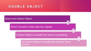 D O U B L E O B J E C T
Direct and Indirect Object.
Some Transitive Verbs take two objects.
A Direct Object is usually the name of something
An Indirect Object is usually the name of some
person.
 