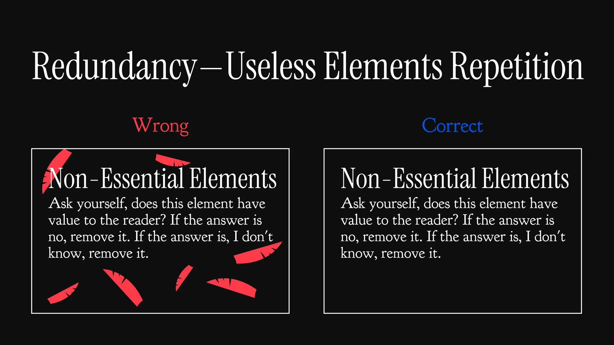 Redundancy—Useless Elements Repetition
Non-Essential Elements
Ask yourself, does this element have
value to the reader? If the answer is
no, remove it. If the answer is, I don't
know, remove it.
Non-Essential Elements
Ask yourself, does this element have
value to the reader? If the answer is
no, remove it. If the answer is, I don't
know, remove it.
Correct
Wrong
 