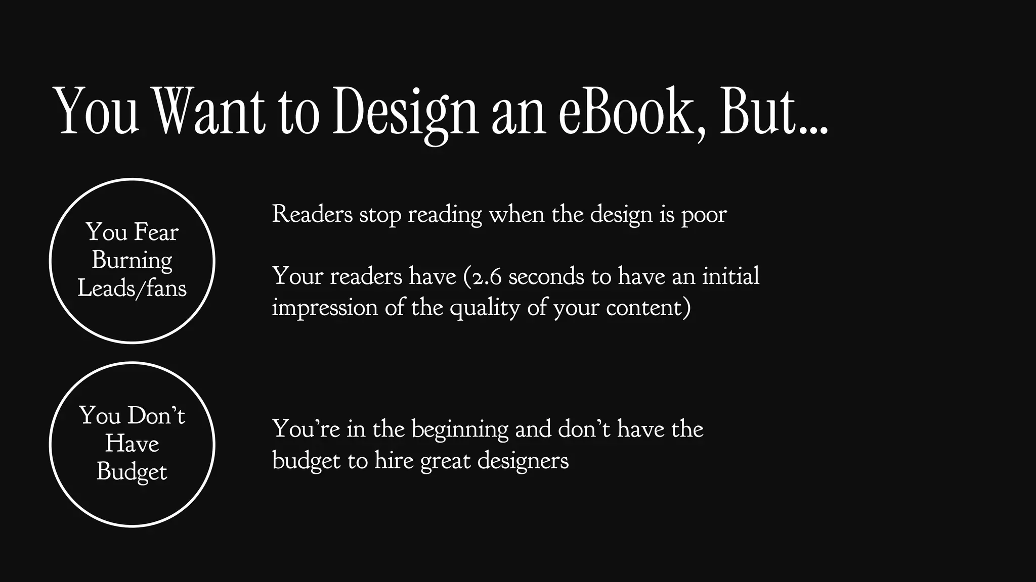 You Want to Design an eBook, But…
You Fear
Burning
Leads/fans
You Don’t
Have
Budget
You’re in the beginning and don’t have the
budget to hire great designers
Readers stop reading when the design is poor
Your readers have (2.6 seconds to have an initial
impression of the quality of your content)
 