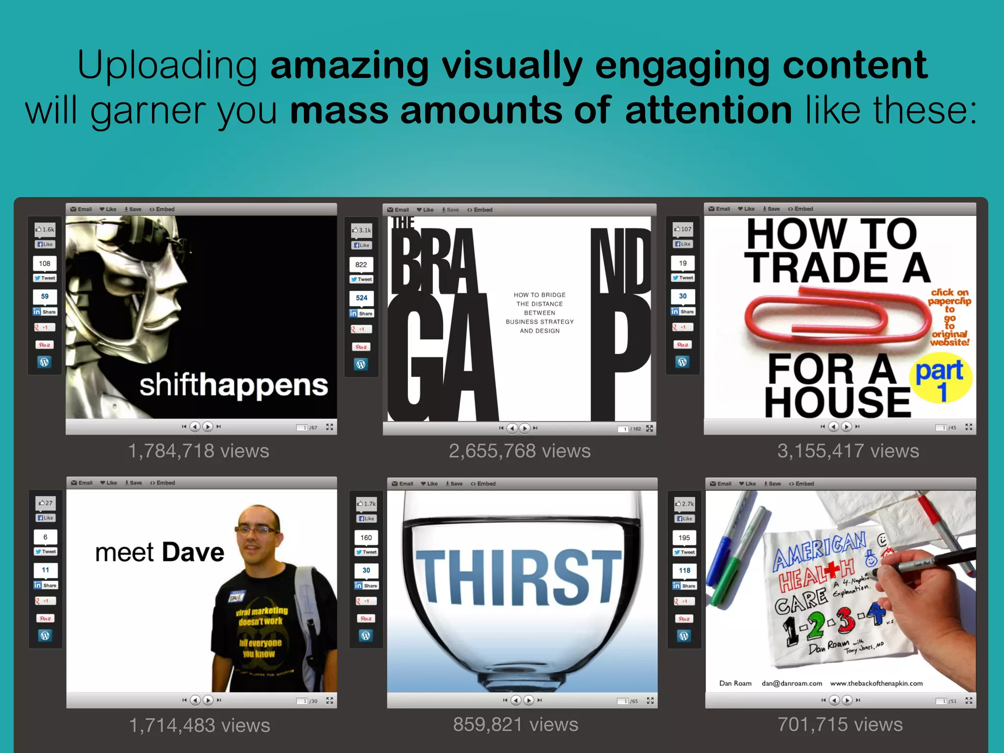 Uploading amazing visually engaging content
will garner you mass amounts of attention like these:
3,155,417 views
1,714,483 views
1,784,718 views
859,821 views 701,715 views
2,655,768 views
 