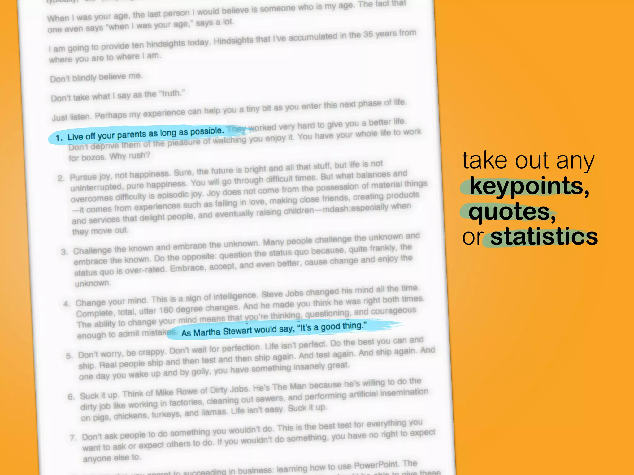 quotes,
or statistics
take out any
keypoints,
 