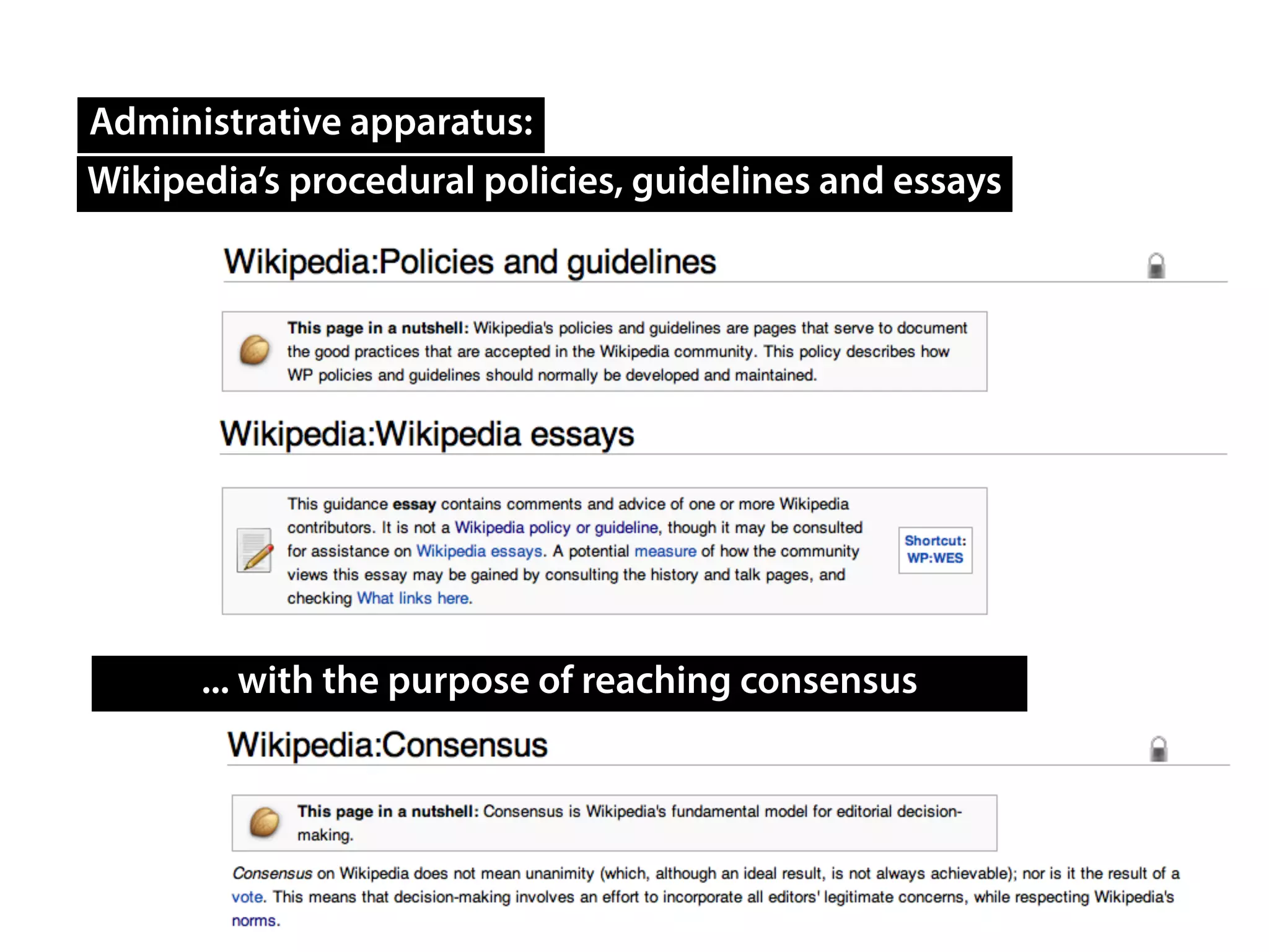 Administrative apparatus:
Wikipedia’s procedural policies, guidelines and essays
... with the purpose of reaching consensus
 