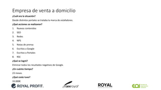 Empresa de venta a domicilio
¿Cuál era la situación?
Desde distintos portales se trataba la marca de estafadores.
¿Qué acciones se realizaron?
1. Nuevos contenidos
2. SEO
3. Redes
4. NPS
5. Notas de prensa
6. Escritos a Google
7. Escritos a Portales
8. RSC
¿Qué se logró?
Eliminar todos los resultados negativos de Google.
¿En cuánto tiempo?
23 meses
¿Qué coste tuvo?
33.000€
 
