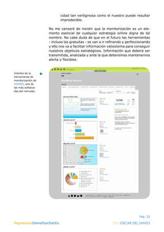 ReputaciónOnlineParaTod@s Por: OSCAR DEL SANTO
Pag. 22
cidad tan vertiginosa como el nuestro puede resultar
impredecible.
No me cansaré de insistir que la monitorización es un ele-
mento esencial de cualquier estrategia online digna de tal
nombre. No cabe duda de que en el futuro las herramientas
- incluso las gratuitas - se van a ir refinando y perfeccionando
y ello nos va a facilitar información valiosísima para conseguir
nuestros objetivos estratégicos. Información que deberá ser
transmitida, analizada y ante la que deberemos mantenernos
alerta y flexibles.
Interfaz de la
herramienta de
monitorización de
ASOMO, una de
las más sofistica-
das del mercado.
ReputaciónOnlineParaTod@s Por: OSCAR DEL SANTO
 