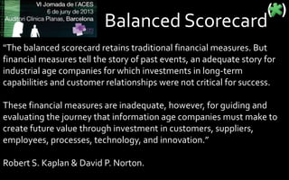 Balanced Scorecard
"The balanced scorecard retains traditional financial measures. But
financial measures tell the story of past events, an adequate story for
industrial age companies for which investments in long-term
capabilities and customer relationships were not critical for success.
These financial measures are inadequate, however, for guiding and
evaluating the journey that information age companies must make to
create future value through investment in customers, suppliers,
employees, processes, technology, and innovation.”
Robert S. Kaplan & David P. Norton.
 