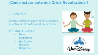 ¿Cómo actuar ante una Crisis Reputacional?
1.- RESPIRA!
Somos profesionales y están atacando
nuestro perfil profesional no personal
MÉTODO H.E.A.R.D.
- Hear
- Empathize
- Apologize
- Resolve
- Diagnose
 