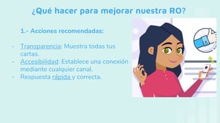¿Qué hacer para mejorar nuestra RO?
1.- Acciones recomendadas:
- Transparencia: Muestra todas tus
cartas.
- Accesibilidad: Establece una conexión
mediante cualquier canal.
- Respuesta rápida y correcta.
 