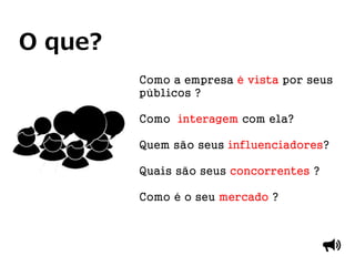 Como a empresa é vista por seus
públicos ?
Como interagem com ela?
Quem são seus influenciadores?
Quais são seus concorrentes ?
Como é o seu mercado ?
O que?
 