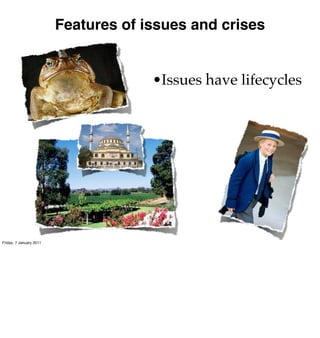 Features of issues and crises


                                      •Issues have lifecycles




Friday, 7 January 2011
 