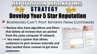 Review sites have algorithms and filters
that delete all reviews that are posted
from the same computer IP network.
You need a system that allows
customers to post reviews naturally and
then market those reviews to get more
customers

 