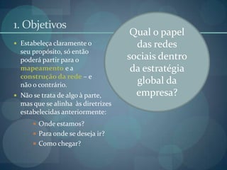 1. ObjetivosEstabeleça claramente o seu propósito, só então poderá partir para o mapeamento e a construção da rede – e não o contrário.Não se trata de algo à parte, mas que se alinha  às diretrizes estabelecidas anteriormente:Onde estamos? Para onde se deseja ir? Como chegar? Qual o papel das redes sociais dentro da estratégia global da empresa?