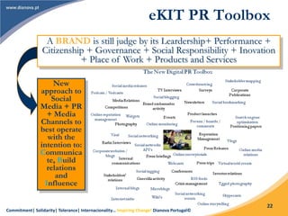 Commitment| Solidarity| Tolerance| Internacionality… Inspiring Change! Dianova Portugal©
22
eKIT PR Toolbox
A BRAND is still judge by its Leardership+ Performance +
Citizenship + Governance + Social Responsibility + Inovation
+ Place of Work + Products and Services
New
approach to
Social
Media + PR
+ Media
Channels to
best operate
with the
intention to:
Communica
te, Build
relations
and
Influence
 