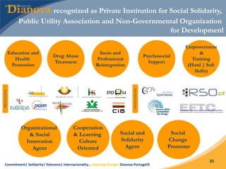 Commitment| Solidarity| Tolerance| Internacionality… Inspiring Change! Dianova Portugal©
25
PROTOCOLS
Education and
Health
Promotion
Drug Abuse
Treatment
Socio and
Professional
Reintegration
Psychosocial
Support
Empowerment
&
Training
(Hard | Soft
Skills)
AFFILIATIONS
Organizational
& Social
Innovation
Agent
Cooperation
& Learning
Culture
Oriented
Social and
Solidarity
Agent
Social
Change
Promoter
Dianova recognized as Private Institution for Social Solidarity,
Public Utility Association and Non-Governmental Organization
for Development
 