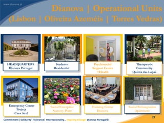 Commitment| Solidarity| Tolerance| Internacionality… Inspiring Change! Dianova Portugal©
27
Dianova | Operational Units
(Lisbon | Oliveira Azeméis | Torres Vedras)
HEADQUARTERS
Dianova Portugal
Therapeutic
Community
Quinta das Lapas
Training Center
Dianova
Social Reintegration
Apartment
Social Enterpirse
Nursery Plant
Students
Residential
Emergency Center
Project
Casa Azul
Psychosocial
Support Center
+Health
 