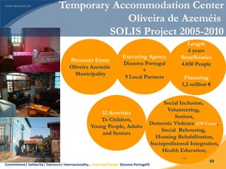 Commitment| Solidarity| Tolerance| Internacionality… Inspiring Change! Dianova Portugal©
40
Temporary Accommodation Center
Oliveira de Azeméis
SOLIS Project 2005-2010
Promoter Entity
Oliveira Azeméis
Municipality
Executing Agency
Dianova Portugal
+
9 Local Partners
12 Activities
To Children,
Young People, Adults
and Seniors
Length
6 years
Beneficiaries
4.030 People
Financing
1,2 million €
Social Inclusion,
Volunteering,
Seniors,
Domestic Violence (170 Users),
Social Rehousing,
Housing Rehabilitation,
Socioprofisional Integration,
Health Education,
…
 