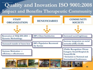 Commitment| Solidarity| Tolerance| Internacionality… Inspiring Change! Dianova Portugal©
43
STAFF
ORGANIZATION
BENEFICIARIES
COMMUNITY
SOCIETY
Renovation of SGQ 2011-2014 →
Dynamic Methodology
100% Client Sarisfaction Increased social legitimacy
Increased transfer of hnow-how
Increase Motivation →
efficiency e effectiveness
Increase integration on social
networks (CRI, CLAS)100% Population Recomend
the Service
Quality and Inovation ISO 9001:2008
Impact and Benefits Therapeutic Community
•Public Recognition: Private
Category Award Hospital do
Futuro’05/06
• Invitation to National and
International Conferences
 