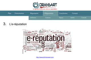 3. L’e-réputation
E-Réputation Conclusion ContactPlan Présentation Réputation
Définition Contexte IntérêtImpact
http://www.dd-dransart.com
Conseils
 