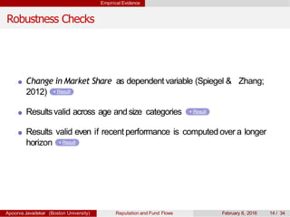 Empirical Evidence
Robustness Checks
Change in Market Share as dependent variable (Spiegel & Zhang;
2012) Result
Resultsvalid across age andsize categories Result
Results valid even if recent performance is computed over a longer
horizon Result
Apoorva Javadekar (Boston University) Reputation and Fund Flows February 8, 2016 14 / 34
 