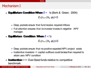 Model
Mechanism I
Equilibrium ConditionWhenδ = 1: (Berk & Green; 2004)
Et (rt+1|ht, φt)=0
Deep pockets ensure that fund receive required inflows
Full attention ensures that no investor invests in negative NPV
manager.
Equilibrium Condition Whenδ <1:
Et (rt+1|ht, φt)≤0
Deep pockets ensure that no positive expected NPV project exists
Inattentive investors ⇒ capital outflows could belessthan required to
attain zero NPV condition
Inattention=⇒ Over-Sized funds relative to competitive
benchmark.
Apoorva Javadekar (Boston University) Reputation and Fund Flows February 8, 2016 18 / 34
 