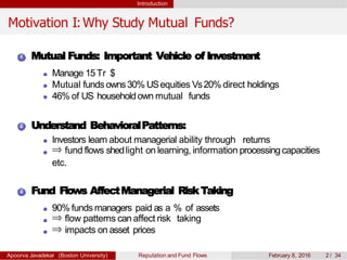 Introduction
Motivation I:Why Study Mutual Funds?
1 Mutual Funds: Important Vehicle of Investment
Manage 15Tr $
Mutual funds owns30% USequities Vs20%direct holdings
46% of US householdown mutual funds
2 Understand BehavioralPatterns:
Investors learn about managerial ability through returns
⇒ fund flows shedlight on learning, information processingcapacities
etc.
3 Fund Flows AffectManagerial RiskTaking
90% funds managers paid as a % of assets
⇒ flow patterns can affect risk taking
⇒ impacts on asset prices
Apoorva Javadekar (Boston University) Reputation and Fund Flows February 8, 2016 2 / 34
 