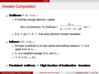 Model
Investor Composition
Outflows⇒ λt <λt−1
If fund has enoughattentive capital:
λt−1
AA’s Contribution To Outflows = >λ
λt−1 + (1 − λt−1)δ
t −1
tIf zt < |e∗|⇒ λt = 0 as everyattentive investor liquidates
Inflows⇒λt >λt−1
AA-type contribute λ0 of newcapital andoutflows reduceλ ⇒ λ0 is
upper limit of λt−1
λt is a weighted average of λ0 and λt−1
⇒ λt ∈(λt−1, λ0)
Persistent outflows ⇒ Highfraction ofInattentive Investors
Apoorva Javadekar (Boston University) Reputation and Fund Flows February 8, 2016 21 / 34
 