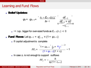 Model
Learning and Fund Flows
Belief Updates:
φt = φt−1+
h
.
2σt −1
σ2 2
t−1 + σε
..
rt − Et−1(rt )
.
t−1
s
=ω
¸¸ x
t − 1
⇒ ∆φt bigger for over-sized funds as Et−1(rt ) < 0
t −1Fund Flows: Let qt−1 = q∗ × (1 + ψt−1)
If capital adjustment is complete
FFt =
− 2f 2
.
1 + ωt 1
.
rt + ψt − 1
. . 2
(1 + ψt −1 t)(1 + r)
−1
In case zt is not enoughto support outflows
tFF = −
zt
t t +1q (1 + r )
Apoorva Javadekar (Boston University) Reputation and Fund Flows February 8, 2016 22 / 34
 