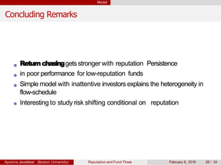 Model
Concluding Remarks
Returnchasinggetsstronger with reputation Persistence
in poor performance for low-reputation funds
Simple model with inattentive investors explains the heterogeneity in
flow-schedule
Interesting to study risk shifting conditional on reputation
Apoorva Javadekar (Boston University) Reputation and Fund Flows February 8, 2016 28 / 34
 