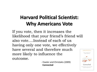 Harvard Political Scientist:
      Why Americans Vote
If you vote, then it increases the
likelihood that your friend’s friend will
also vote….Instead of each of us
having only one vote, we effectively
have several and therefore much
more likely to influence the
outcome.
                - Fowler and Christakis (2009)
                  Connected
 