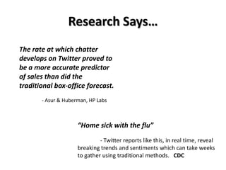 Research Says…
The rate at which chatter
develops on Twitter proved to
be a more accurate predictor
of sales than did the
traditional box-office forecast.
       - Asur & Huberman, HP Labs



                     “Home sick with the flu”
                              - Twitter reports like this, in real time, reveal
                     breaking trends and sentiments which can take weeks
                     to gather using traditional methods. CDC
 