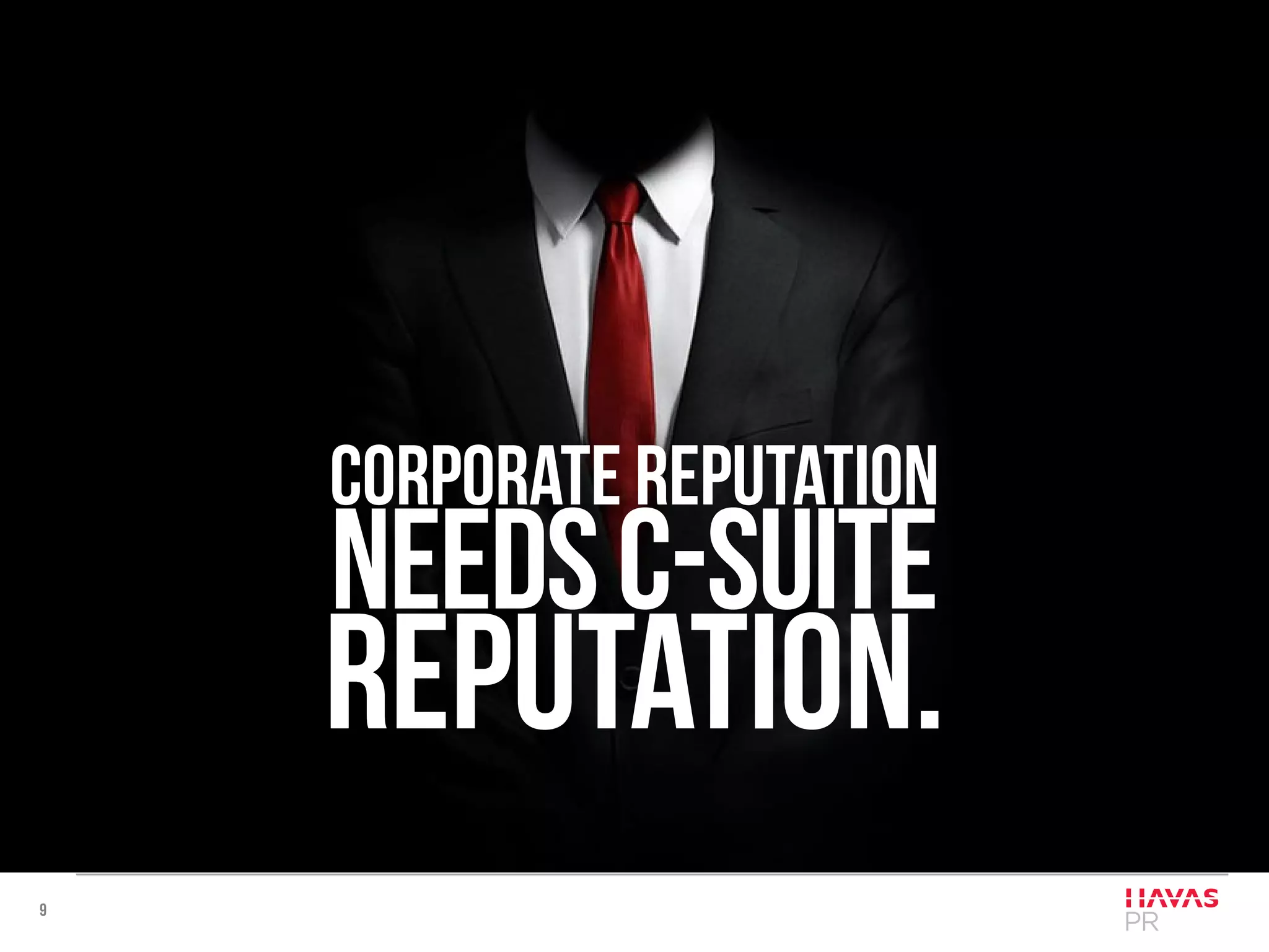 9
Corporate reputation
needsC-suite
reputation.