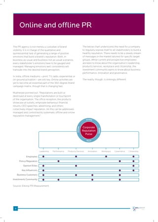 8
Online and offline PR
The PR agency is not merely a custodian of brand
visibility. It is in charge of the qualitative and
quintessential task of generating a range of positive
emotions that build a brand’s reputation. Both, in
business-as-usual and business-not-as-usual scenarios,
every stakeholder’s emotions have to be gauged and
managed. Managing emotions well consistently will
translate into the desired brand perception.
In India, offline mediums – print, TV, radio, experiential or
on-ground activation – are still key. Online activities are
yet to become an essential part of the 360-degree brand
campaign matrix, though that is changing fast.
Mukherjee pointed out: “Reputations are built or
destroyed at every single manifestation or touchpoint
of the organisation. The office reception, the products
showcase at outlets, employee behaviour, financial
results, CEO speeches, advertising, and others
collectively impact reputation. All this can be addressed,
managed and controlled by systematic offline and online
reputation management.”
The below chart underscores the need for a company
to regularly expose itself to all stakeholders to build a
healthy reputation. There needs to be a steady stream
of messages in the market tailored for specific target
groups. While current and prospective employees
are keen to know about the organisation’s leadership,
products/services, workplace and citizenship, the
investment community wants to know about business
performance, innovation and governance.
The reality, though, is strikingly different.
Source: Eikona PR Measurement
	Leadership	 Performance	 Products/Services	 Innovation	 Workplace	 Governance	 Citizenship
Employees
Policy/Regulators
Opinion Elites
Key Influencers
Business Customers
Investments Community
Corporate
Reputation
Pulse
 