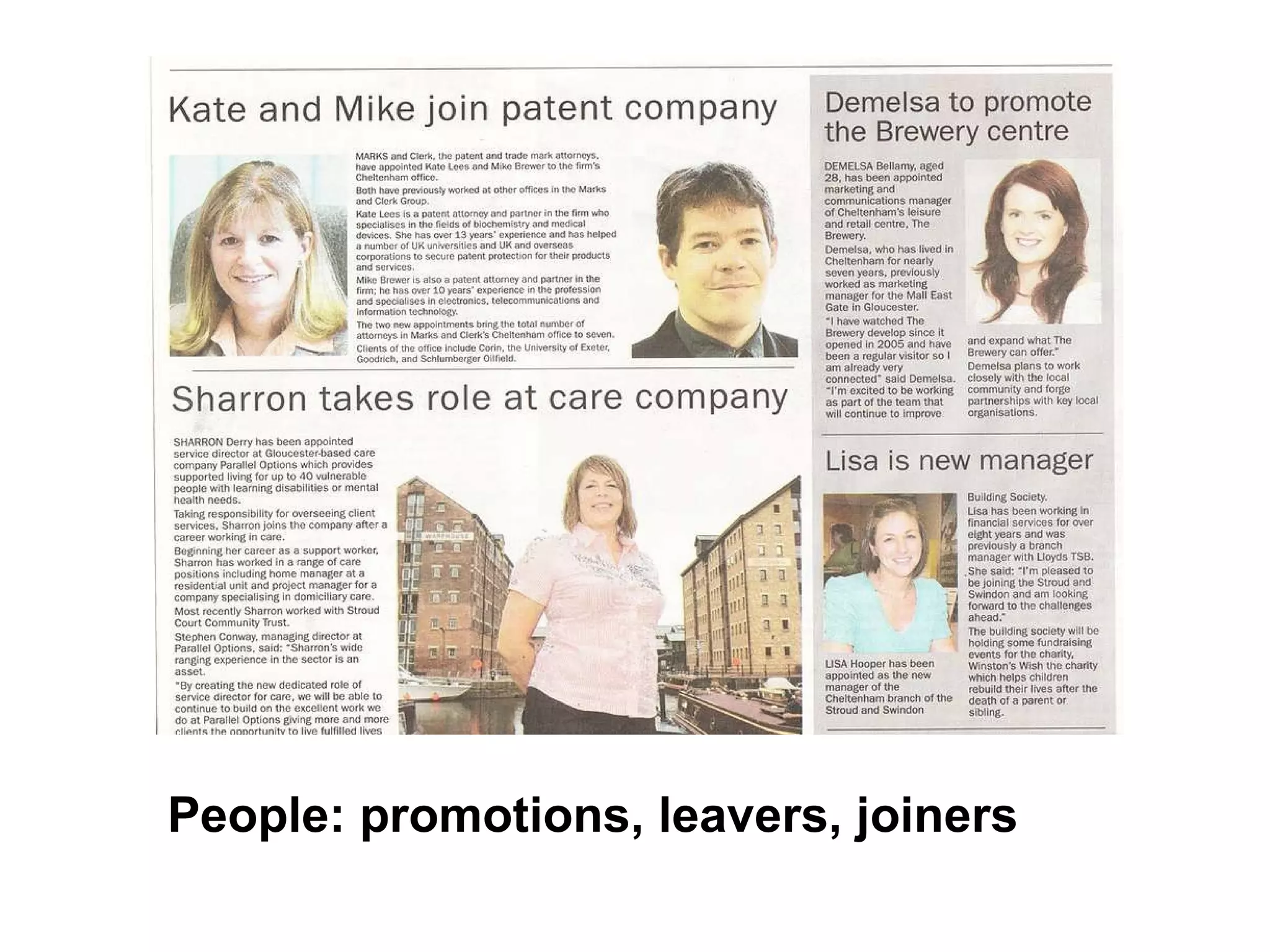 People: promotions, leavers, joiners 