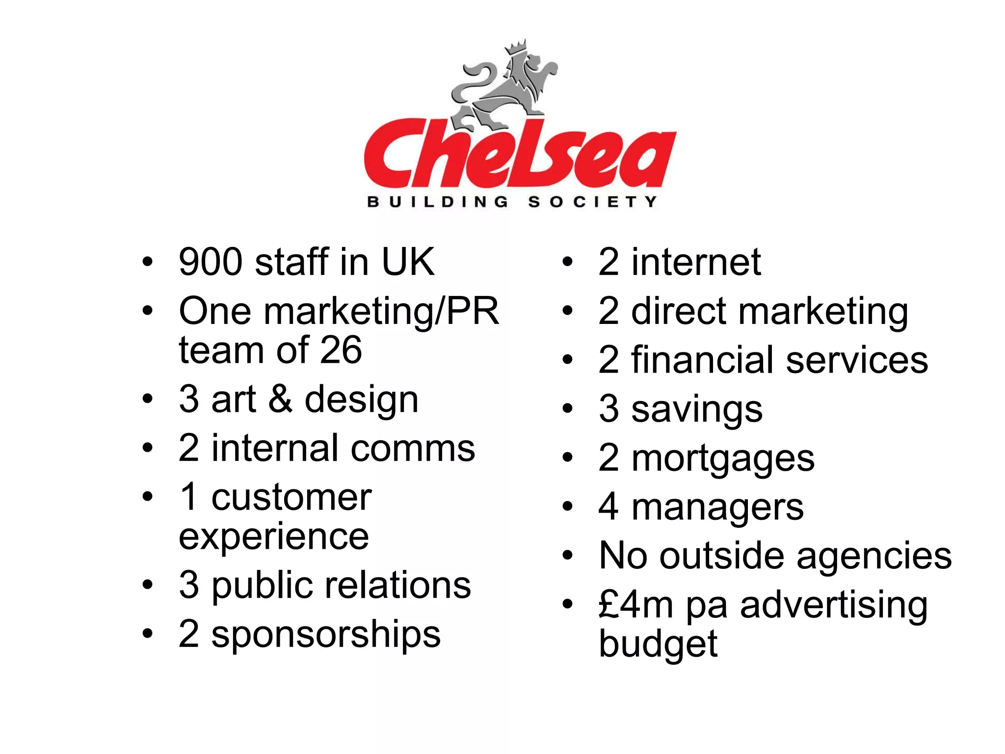 900 staff in UK One marketing/PR team of 26 3 art & design 2 internal comms 1 customer  experience 3 public relations 2 sponsorships 2 internet 2 direct marketing 2 financial services 3 savings 2 mortgages 4 managers No outside agencies £4m pa advertising budget 