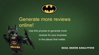 Generate more reviews
online!
Use this process to generate more
reviews for your business
in the places that matter.
 
