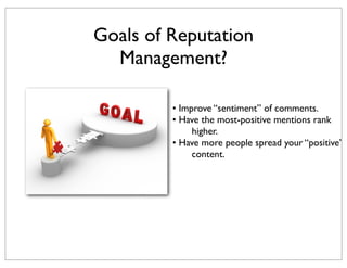 Goals of Reputation
Management?
• Improve “sentiment” of comments.
• Have the most-positive mentions rank
higher.
• Have m...