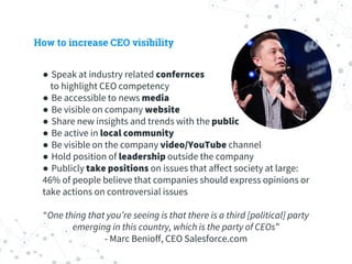 How to increase CEO visibility
● Speak at industry related confernces
to highlight CEO competency
● Be accessible to news media
● Be visible on company website
● Share new insights and trends with the public
● Be active in local community
● Be visible on the company video/YouTube channel
● Hold position of leadership outside the company
● Publicly take positions on issues that affect society at large:
46% of people believe that companies should express opinions or
take actions on controversial issues
“One thing that you’re seeing is that there is a third [political] party
emerging in this country, which is the party of CEOs”
- Marc Benioff, CEO Salesforce.com
 