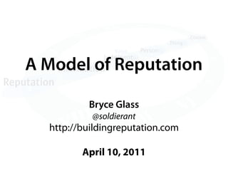Context
                                              Thing(s)
                       Value      Person(s)
                    Judgment(s)
    A Model of Reputation
       Information
Reputation
                Bryce Glass
                 @soldierant
        http://buildingreputation.com

               April 10, 2011
 