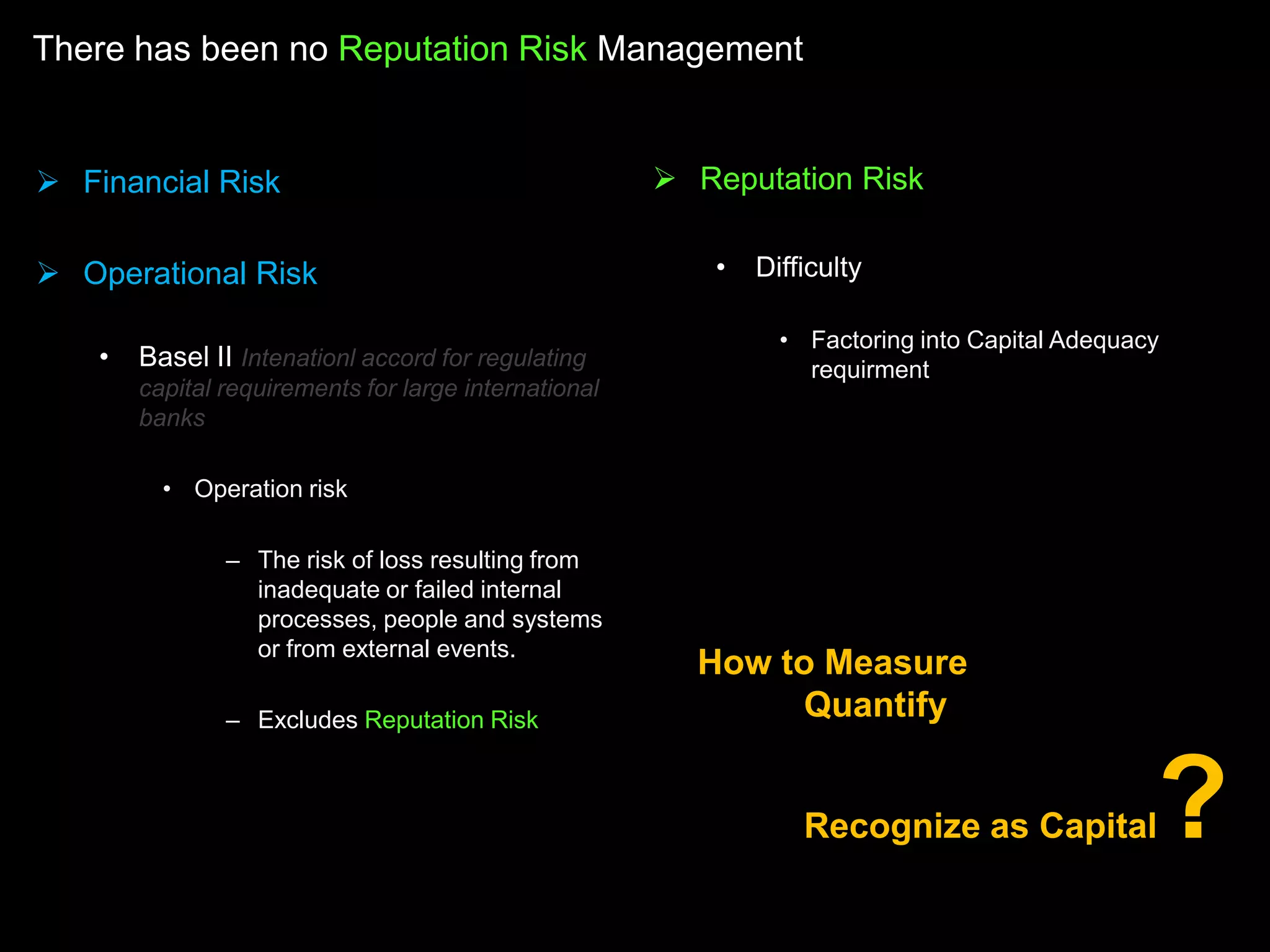 There has been no Reputation Risk Management


 Financial Risk                                        Reputation Risk

 Operational Risk                                        •   Difficulty

                                                                • Factoring into Capital Adequacy
    •   Basel II Intenationl accord for regulating                requirment
        capital requirements for large international
        banks

          • Operation risk

                – The risk of loss resulting from
                  inadequate or failed internal
                  processes, people and systems
                  or from external events.
                                                         How to Measure
                – Excludes Reputation Risk                    Quantify


                                                                  Recognize as Capital          ?
 