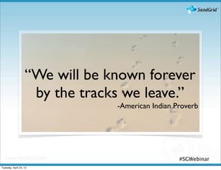“We will be known forever
                    by the tracks we leave.”
                                -American Indian Proverb




                                                  #SGWebinar
Tuesday, April 24, 12
 