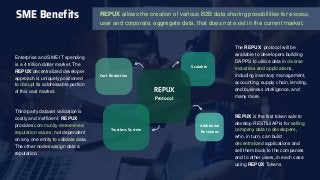 SME Benefits
Cost Reduction
Trustless System
Scalable
Additional
Revenues
REPUX
Protocol
The REPUX protocol will be
available to developers building
DAPPS to utilize data in diverse
industries and applications,
including inventory management,
accounting, supply chain, lending,
and business intelligence, and
many more.
REPUX is the first token sale to
develop RESTful APIs for selling
company data to developers,
who, in turn, can build
decentralized applications and
sell them back to the companies
and to other users, in each case
using REPUX Tokens
REPUX allows the creation of various B2B data sharing possibilities for excess,
user and corporate, aggregate data, that does not exist in the current market.
Enterprise and SME IT spending
is a 4 trillion-dollar market. The
REPUX decentralized developer
approach is uniquely positioned
to disrupt its addressable portion
of this vast market.
Third-party dataset validation is
costly and inefficient. REPUX
provides community-determined
reputation values, not dependent
on any one entity to validate data.
The other nodes assign data a
reputation.
 