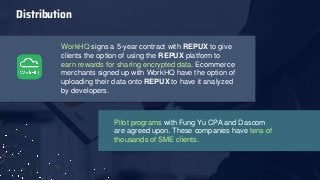 Distribution
Pilot programs with Fung Yu CPA and Dascom
are agreed upon. These companies have tens of
thousands of SME clients.
WorkHQ signs a 5-year contract with REPUX to give
clients the option of using the REPUX platform to
earn rewards for sharing encrypted data. Ecommerce
merchants signed up with WorkHQ have the option of
uploading their data onto REPUX to have it analyzed
by developers.
 