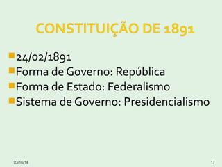 24/02/1891
Forma de Governo: República
Forma de Estado: Federalismo
Sistema de Governo: Presidencialismo
03/16/14 17
 
