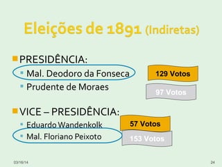 PRESIDÊNCIA:
 Mal. Deodoro da Fonseca
 Prudente de Moraes
VICE – PRESIDÊNCIA:
 EduardoWandenkolk
 Mal. Floriano Peixoto
03/16/14 24
129 Votos
57 Votos
97 Votos
153 Votos
 