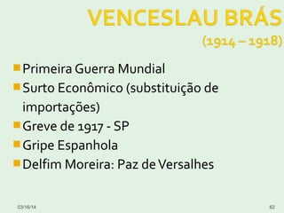 Primeira Guerra Mundial
Surto Econômico (substituição de
importações)
Greve de 1917 - SP
Gripe Espanhola
Delfim Moreira: Paz deVersalhes
03/16/14 62
 